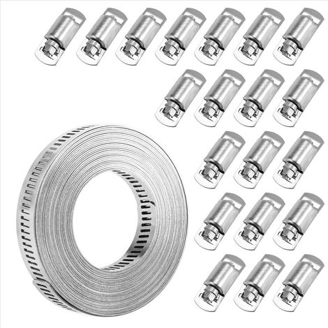 Colliers de serrage 20 pieds, sangle métallique + 20 attaches, bande en acier inoxydable à découper soi-même, réglable, grande vis sans fin (1/5)