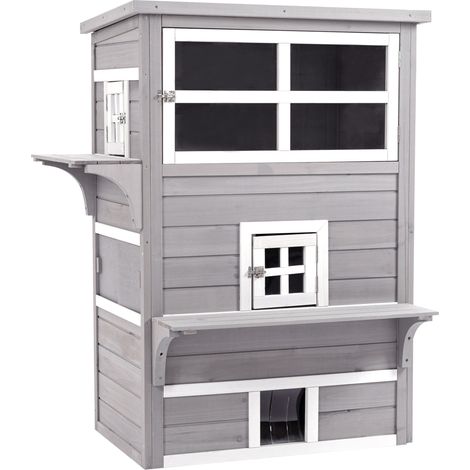 Caseta para Gatos de Madera Exterior de 3 Pisos con Múltiples Entradas Ventanas y 2 Plataformas para Terraza Balcón Jardín 98x68,5x122 cm (1/5)