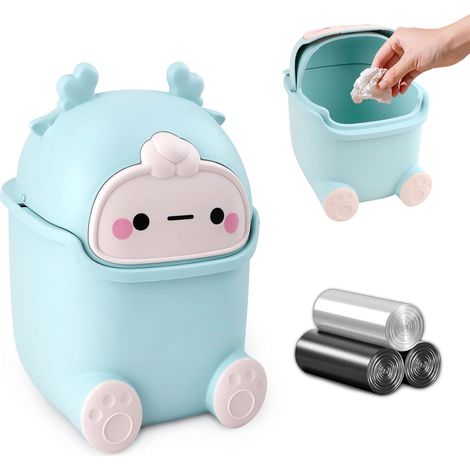 Mini Desktop Kitchen Trash Can with 3 Rolls of Trash Bags, Cute Small Table Trash Can with Swing Lid, 15.5x14x23.5cm Portable Trash Can for Kitchen(Sky Blue) (1/5)