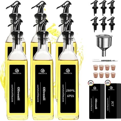 Juego de dispensadores de aceite, vidrio de alta transparencia, vertido antigoteo, 6 x 250 ml (1/2)