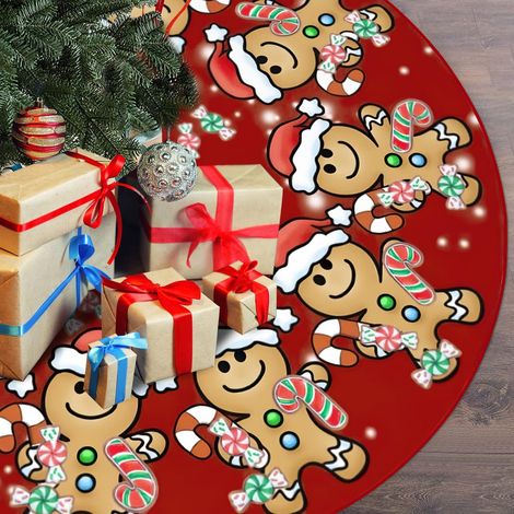 Jupe de sapin de Noël de 120 cm avec motifs de pain d'épice, de bonbons et de sucettes, idéale pour les décorations de Noël et du Nouvel An (1/4)
