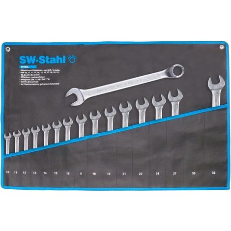 SW-Stahl 00193L Gabelringschlüsselsatz 10-32 mm gekröpft, 16-teilig I Maulschlüssel-Set I Ringschraubenschlüssel I Doppel-Schraubenschlüssel I Ringmaulschlüssel I Gabelschlüssel-Satz I Ringschlüssel