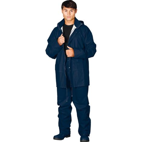 Regenschutzkleidung blau aus Polyurethan, Set aus Hose und Jacke mit Kapuze M