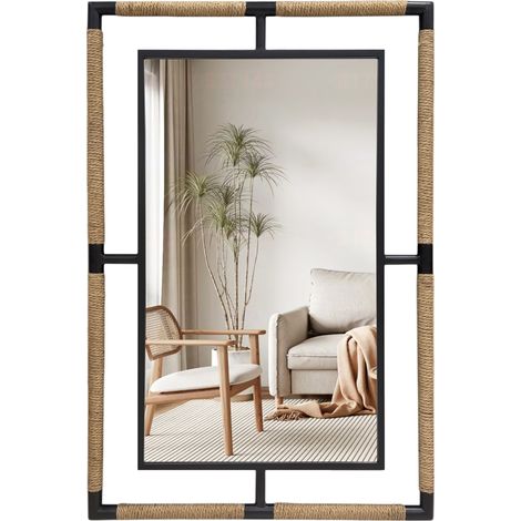 60x90cm Rectangular Wall Mirror Black Metal Woven Rope Frame Modern Farmhouse Boho Decor (1/5)
