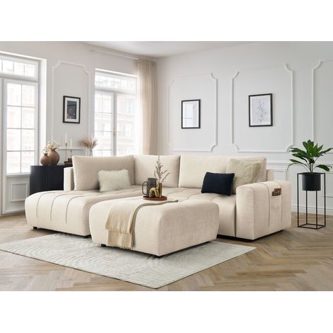 BOBOCHIC - Canapé d'angle L convertible coffre ARSENE tissu velours avec pouf Angle gauche Beige (1/5)