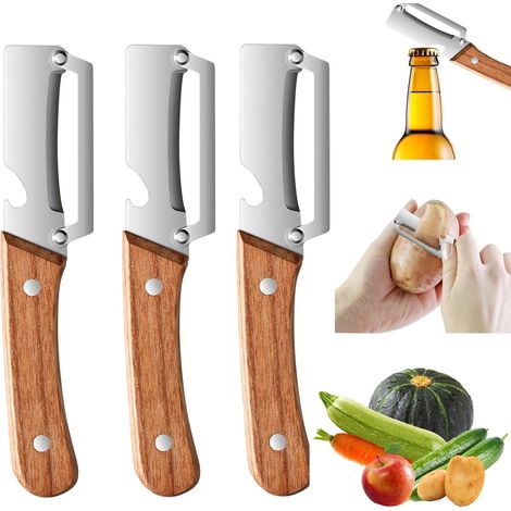 3 Pièces Éplucheur, Lame Acier Inoxydable, Manche Bois, Ouvre-bouteille Intégré, Pour Fruits Et Légumes (1/5)
