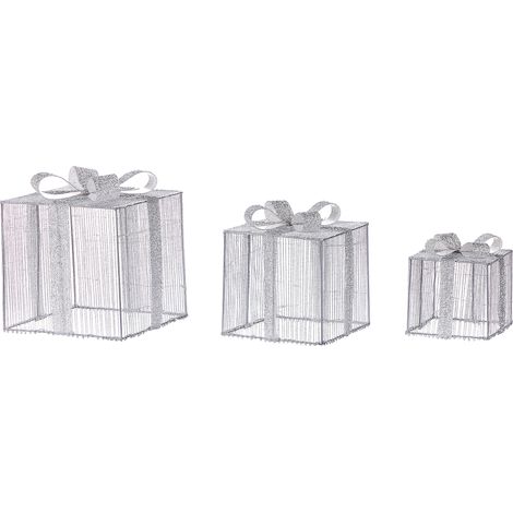 Conjunto de decoraciones LED de interior exterior Navidad accesorio 3 regalos luces iluminación metal plateado Arnes
