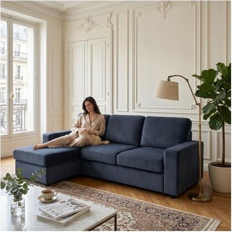 Canapé d'angle - SOGEU - 245,5x150,5 cm - 4 coffres - Méridienne réversible - Déhoussable gris foncé (1/5)