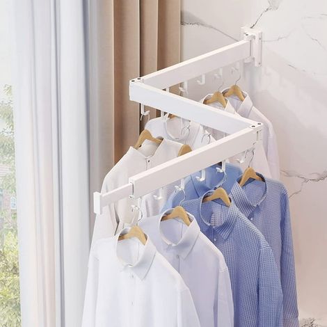 Sèche-linge mural blanc avec crochets, étendoir à linge pliable pour salle de buanderie, séchoir mural escamotable, rangement pratique, fixation murale (1/5)