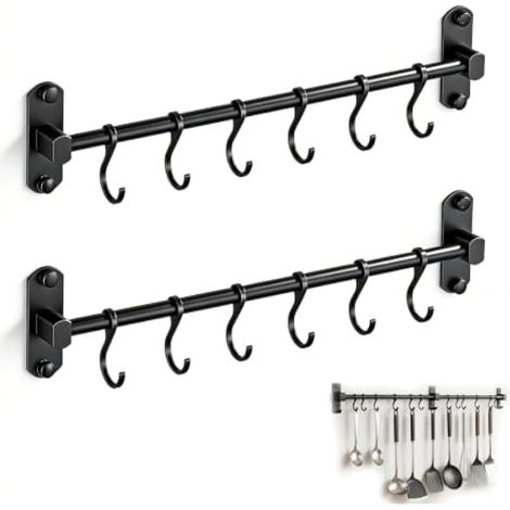Porte Ustensiles Cuisine, Rangement Poele et Casserole Placard avec 12 Crochets Amovibles Rail Suspendu pour Ustensiles de Cuisine Mural et de Salle de Bain, 80 cm Noir (1/5)