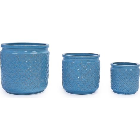 Juego de 3 macetas de cerámica azul con motivos geométricos, para interior y exterior (1/5)