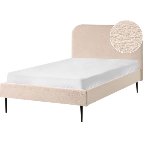 Lit Double Minimaliste en Bouclé 120 x 200 cm Rembourré Tête de Lit Sommier à Lattes Beige Clair Flayat