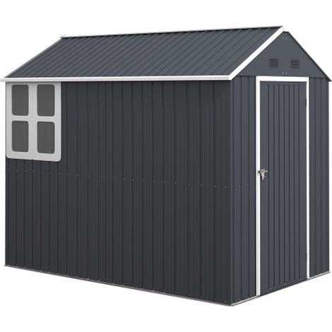 Caseta de jardín de acero, 4 m², con ventana, armario de jardín con cerradura, 259 x 172 x 222 cm, casita de jardín para balcón o terraza, gris oscuro, en obra. (1/5)