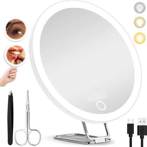 Miroir de maquillage avec éclairage intégré - Rechargeable par USB - 3 températures de couleur - Luminosité réglable - Grossissement x30 - Rotation à 360° - Blanc (1/5)