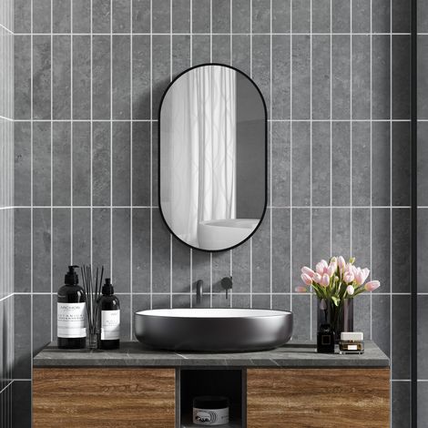Miroir ovale 40x70 cm noir de salle de bain décoratif mural avec cadre en aluminium pour le salon, horizontal ou vertical
