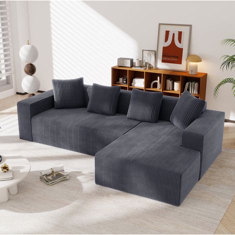 Canapé modulable d’angle 261/146/65 cm gris en velours côtelé avec méridienne et 4 coussins (1/5)
