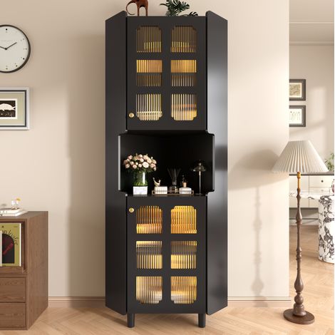 LED-Vitrinen-Eckschrank, schwarz lackiertes MDF, 63,5 x 157,5 cm, OKWISH (1/5)