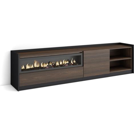 Skraut Home - Mueble TV, Televisión, 207x37x50cm, Para TV hasta 80", Chimenea eléctrica, Roble oscuro y Negro (1/5)