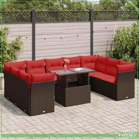 Salon de jardin - Ensemble modulable 10 pièces - Résine tressée marron - Rangement étanche - Coussins rouges (1/5)