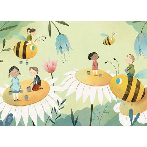 Tableau enfant fleurs & abeilles | Tableau jaune & vert chambre de bébé | Tableau sur toile printemps pastel pour chambre fille 0,7 x 0,5 m (1/2)