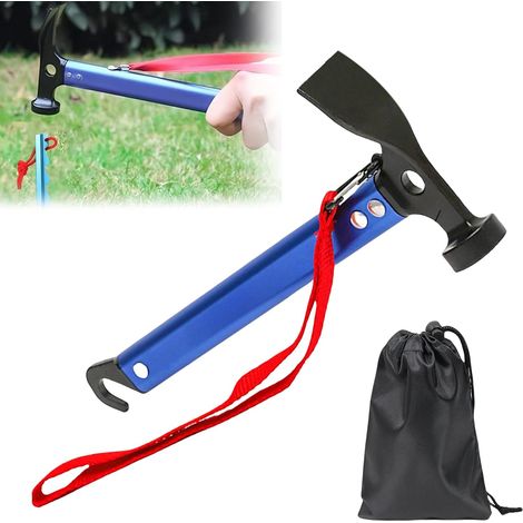 Marteau de camping 30,5 cm, marteau de camping avec crochet et mini-pioche, marteau en aluminium, marteau multifonctionnel pour piquets de tente avec sac de rangement (Bleu) (1/5)