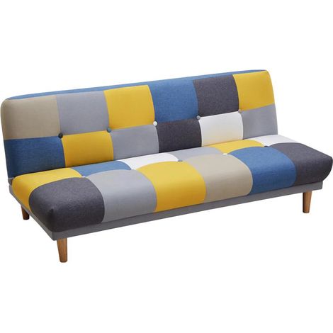 Canapé 3 places convertible clic-clac en tissu MARDAG - Patchwork gris, bleu, jaune (1/5)