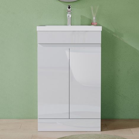 AVER-GROWTH 500mm Gloss White Bathroom Vanity Unit With Wash Basin Ceramic Sink, 2 Double Door Floor Standing Design Flat Packed (1/5)