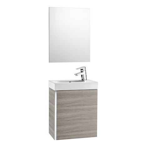 Roca – Meuble lave-mains suspendu 450mm – Miroir 450mm – Céramique et aggloméré – Portes à fermeture amortie – Gris sable