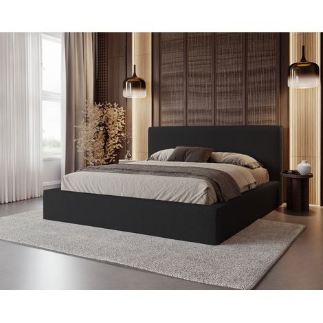 Emporius Lit double 140x200 cm Sofia, lit bouclé avec sommier à lattes et rangement, Noir (1/5)