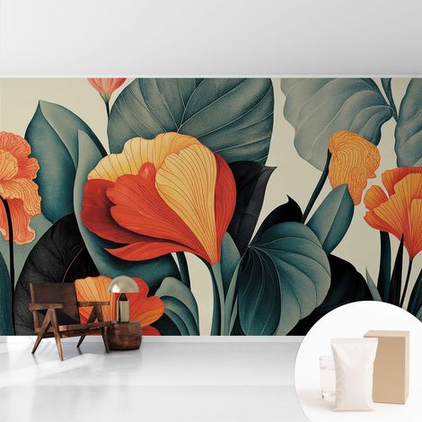 Tapete Vliestapete mit Kleber für Wohnzimmer Schlafzimmer Küche - Wanddekoration Bunte Blumen 416x254 cm (1/5)