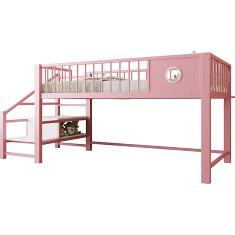 Lit mezzanine bas enfant 90x200 cm avec escalier de rangement, structure métal stable et grand espace sous le lit, idéal pour petite chambre rose – CHICFURN (1/5)