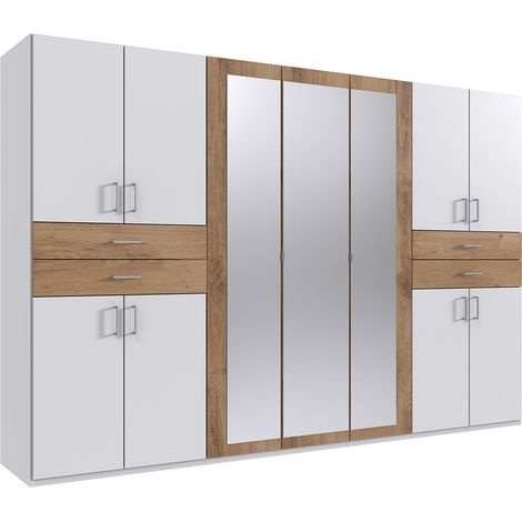 Kleiderschrank mit Spiegel, 313 cm breit modern in weiß mit Eiche TREVISO-43 (1/4)