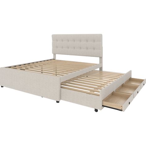 Cama tapizada 140 x 200 cm con cama nido, 3 cajones, cabecero ajustable, beige, sin colchón (1/5)