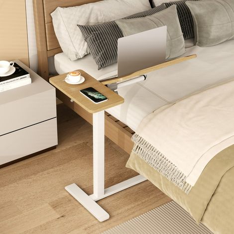 Table Mobile Au-dessus Du Lit Réglable en Hauteur avec Plateau Inclinable Table en Forme de C avec Roues Pivotantes à 360° Naturel (1/3)