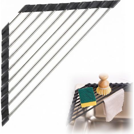 Égouttoir pliable pour le rangement et l organisation de l évier organisateur en acier inoxydable porte torchons égouttoir à éponge (1/4)