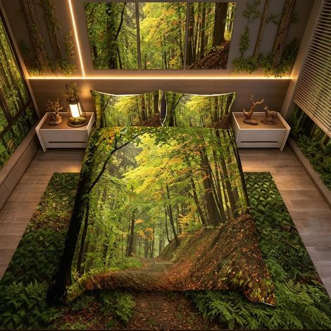 Parure de lit forêt d'automne et lin avec housse de couette en microfibre douce avec fermeture éclair Motif forêt et arbres brumeux King size (1/5)