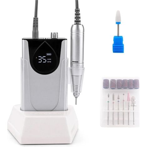 Perceuse à Ongles électrique Professionnelle for manucure, 35000 TR/Min, Portable, Rechargeable, sans Fil, Efile en Alliage d'aluminium, for Usage en Salon(Silver) (1/5)