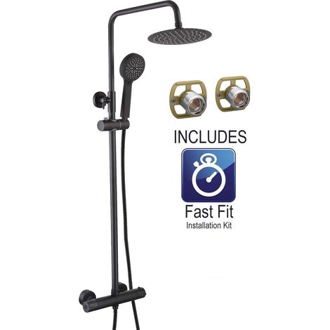 Matt Black Thermostatic Mixer Shower Set Round Black Twin Head Exposed Valve (1/7)