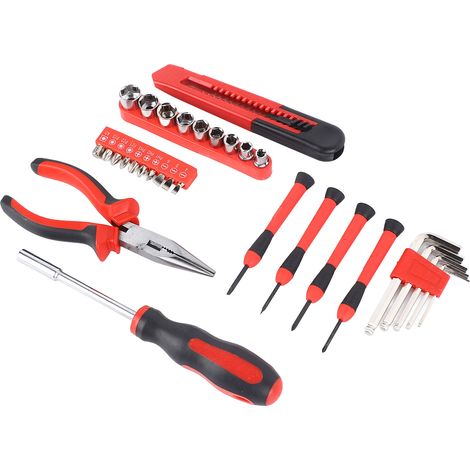 Ensemble d'outils de quincaillerie 31 pièces comprenant tournevis, pinces à becs fins et clés, en acier au carbone. (1/5)