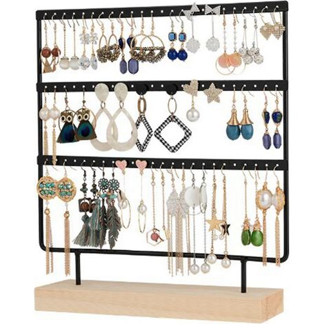 Présentoir à bijoux noir à 3 niveaux et 72 trous pour boucles d'oreilles, colliers et bagues. (1/5)