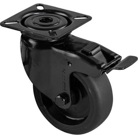 Lenkrolle - Möbelrolle Schwarz mit Bremse 75 mm Gummi mit Platte