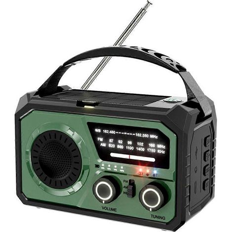 Radio météo d'urgence 16000 mAh, alimentation solaire et à manivelle, vert foncé -- (1/5)