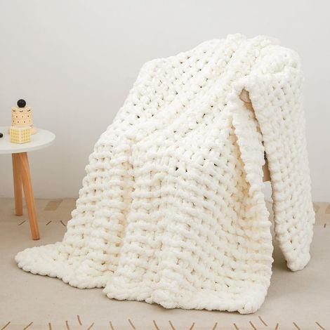 Manta de punto grueso, lujosa, 100% tejida a mano, suave y cómoda para sofá, cama o silla, 101 x 127 cm, blanca. (1/4)