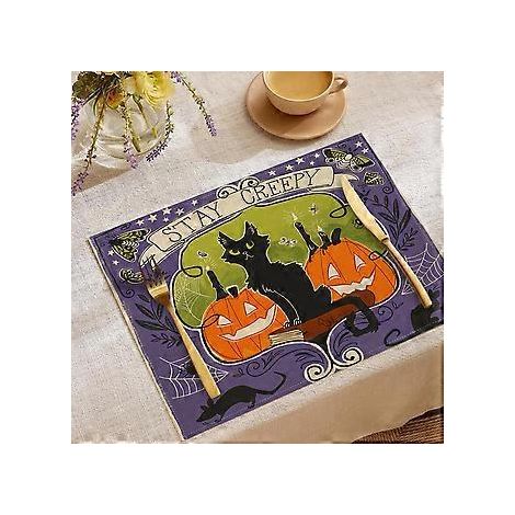 Halloween-Tischsets aus Leinen, Serie „Süßes oder Saures“, Kombinations-Tischsets, Restaurant-Festtagsdekoration, Geschirr-Isolierunterlagen (YMCD-2)