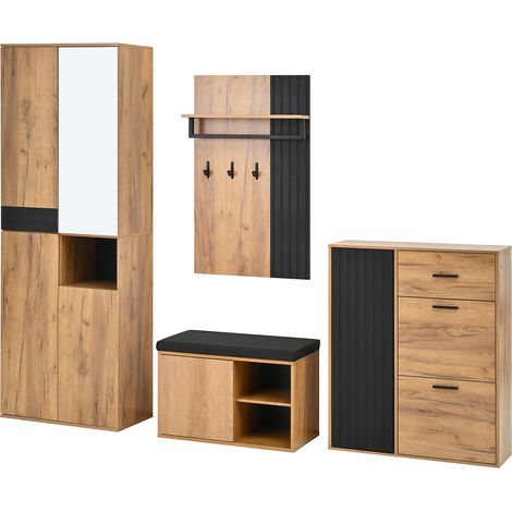 ELVMI Set di Mobili da Ingresso con 1 Armadio, 1 Scarpiera, 1 Panca e 1 Appendiabiti da Parete, Pannello Truciolare, Naturale e Nero (1/5)