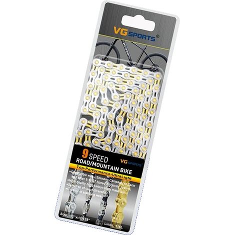 Catena per bicicletta, acciaio ad alto tenore di carbonio, compatibile con più velocità, 9 velocità oro/argento (1/2)