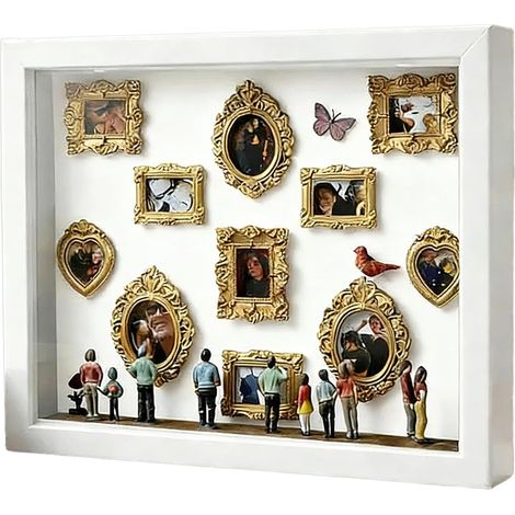 Kit de mini-musée de figurines à monter soi-même - Cadres photo - Mini-cadres photo avec éclairage LED - Cadres photo vintage - Comprend 11 mini-cadres photo dorés et 8 petites décorations - Blanc (1/5)