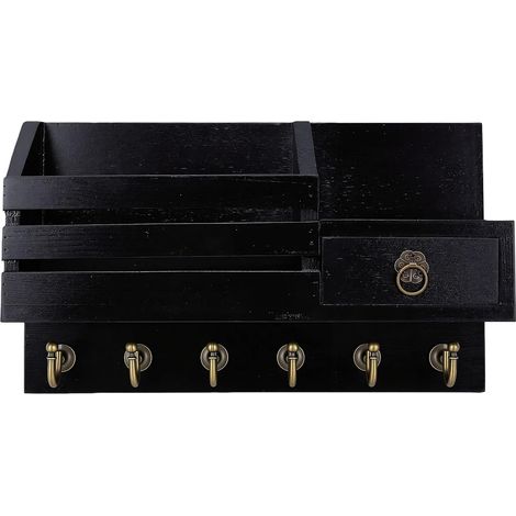 Wooden Wall-Mounted Key and Mail Holder with 6 Hooks and Drawer (1/5)