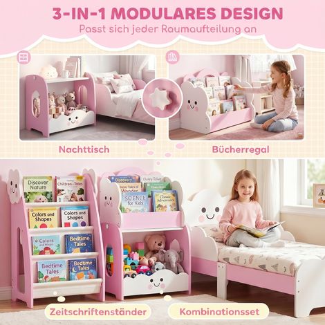 Étagère évolutive 3-en-1 pour enfants avec rangement jouets, bibliothèque modulaire 4 poches et 3 niveaux, table de chevet rose (1/5)