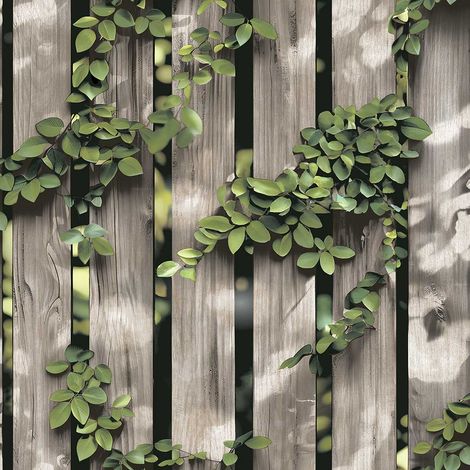 Papier peint clôture bois naturel avec feuillage grimpant